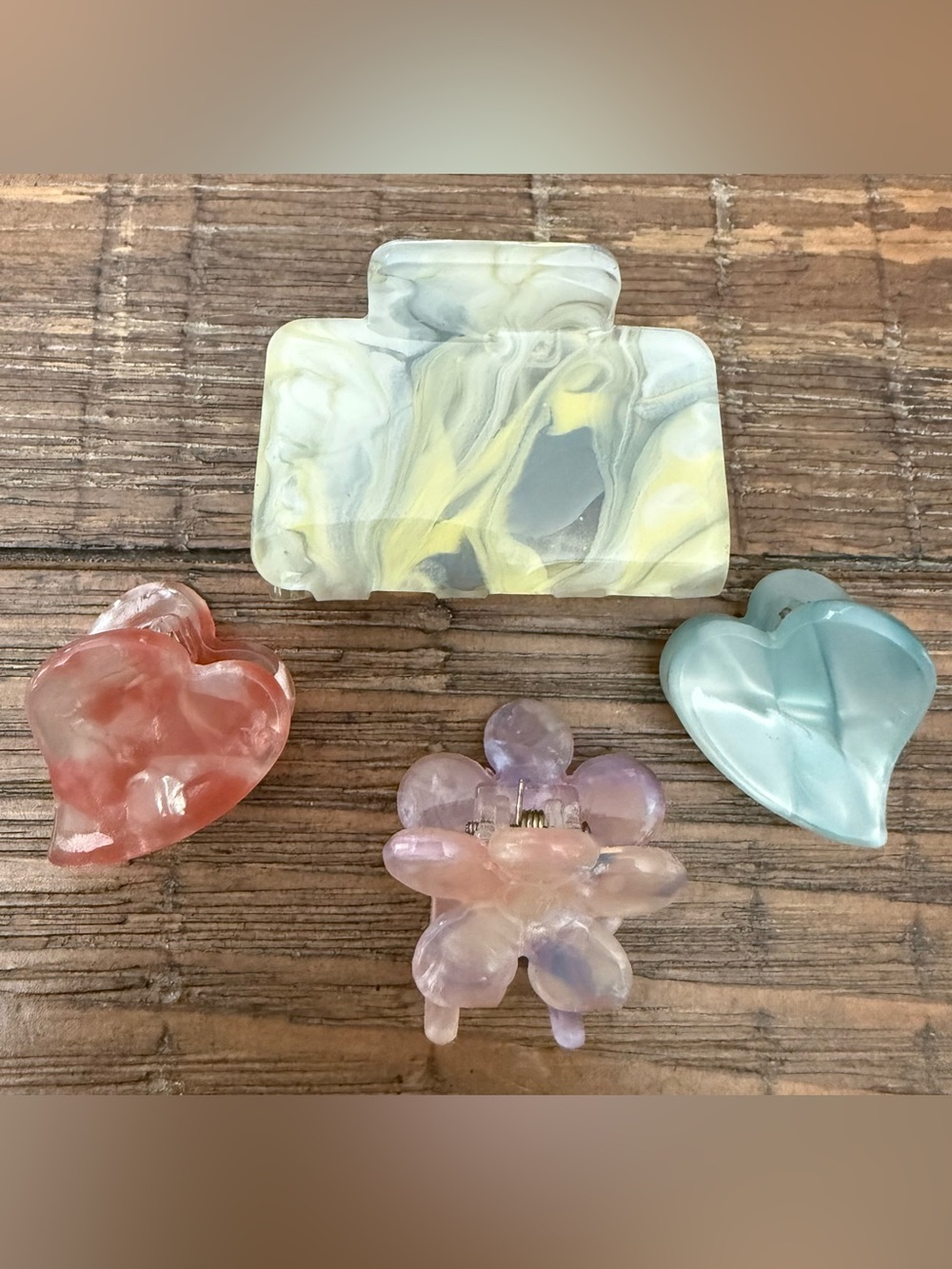 Set of 4: Hair Clips Pastel Yellow, Pink, Blue Marbled Resin 3 mini & 1 small